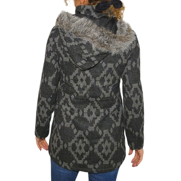 Jack Wool Mix Jacket Size Small Black Grey Argyle Faux Fur Attached Hood - Picture 2 of 7